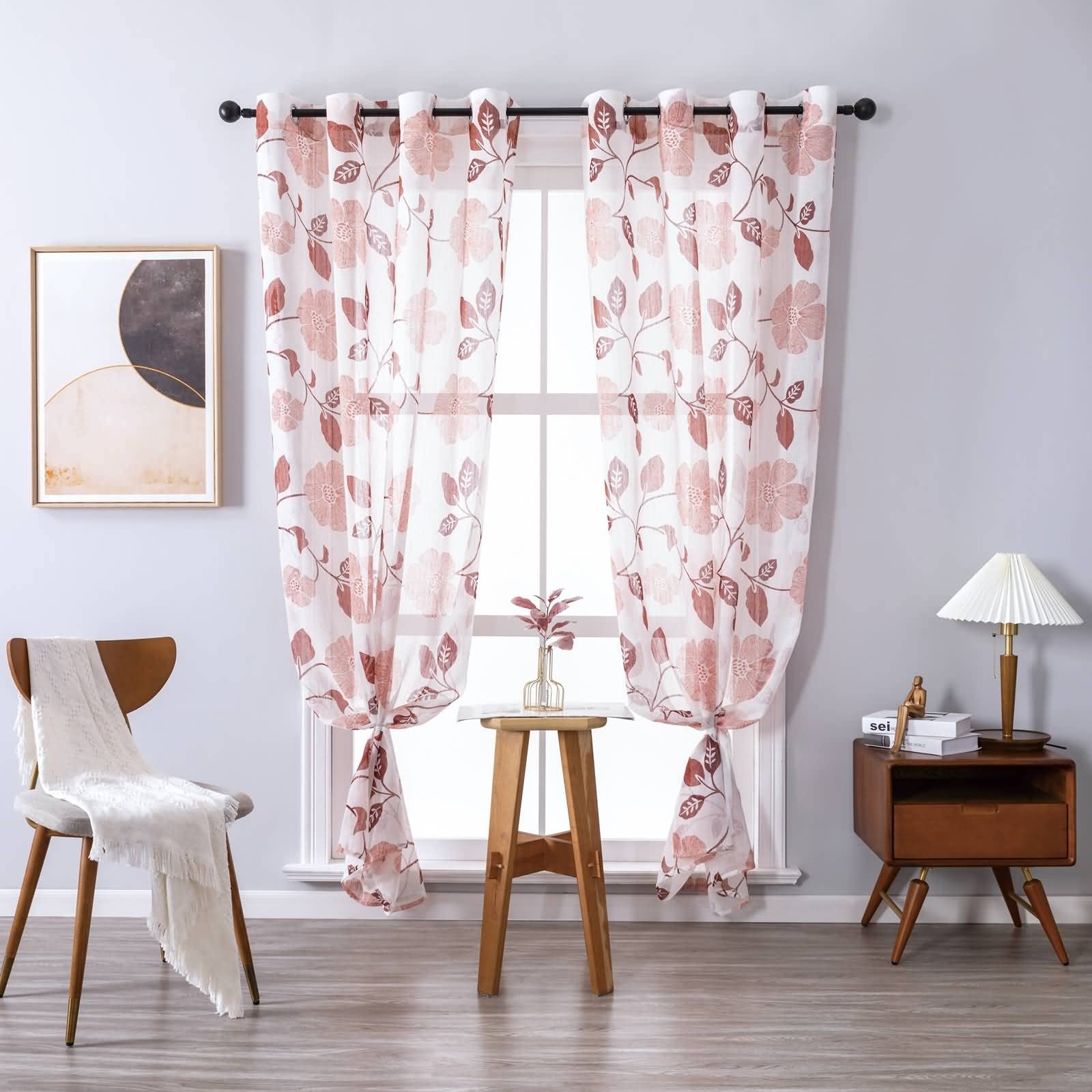 Voile Vorhang mit Ösen, 160 x 132 cm (Höhe x Breite) Halbtransparenter Voile-Vorhang mit Blumenblatt-Zweigmuster, Rot
