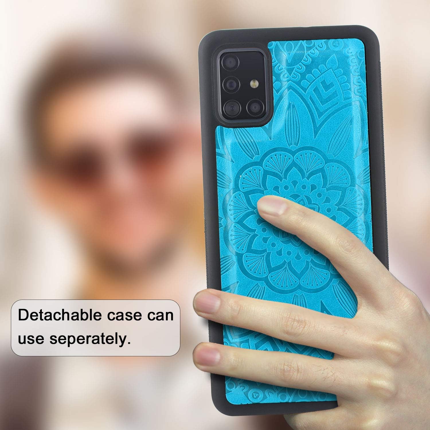 Harryshell Detachable Magnetic 12 Card Slots Wallet Case Shockproof PU Leather Flip Protective Cover Wrist Strap for Samsung Galaxy A51 4G (Not for A51 5G)(Flower Blue)