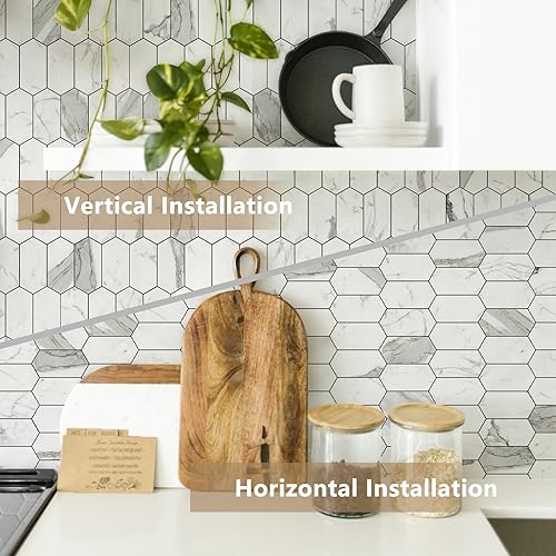 Vista 55 de Vamos Tile Azulejos hexagonales largos para despegar y pegar, 10 hojas para pegar en la pared del muro para la cocina y el baño, Calacatta dorado