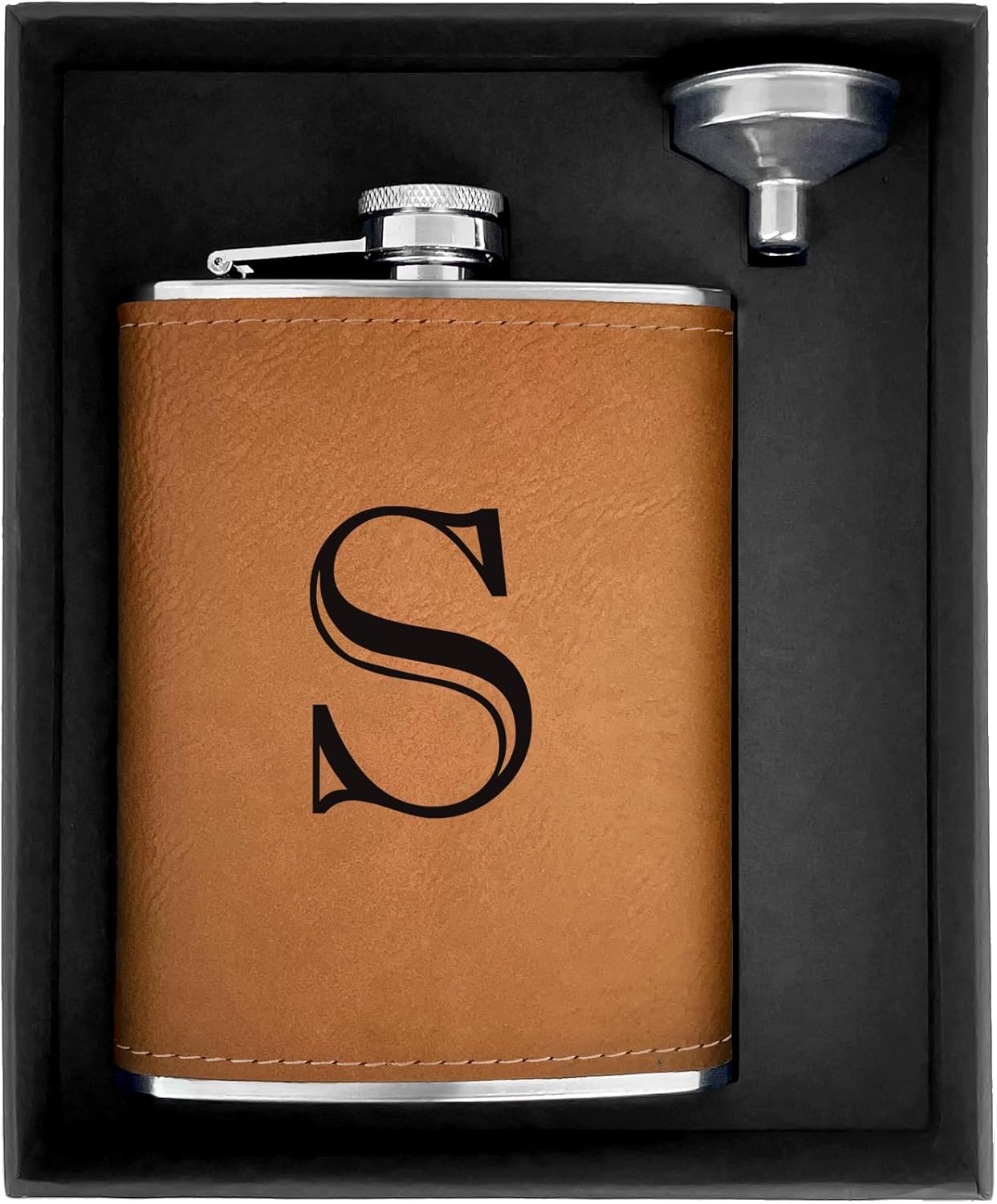 CARAKNOTS Hip Flasks for Liquor for Men Leather Drinking Whiskey Flask with Initials Engraved Stainless Steel with Funnel 8 oz Groomsmen Gifts Personalized Christmas Birthday Gifts for Dad Letter S