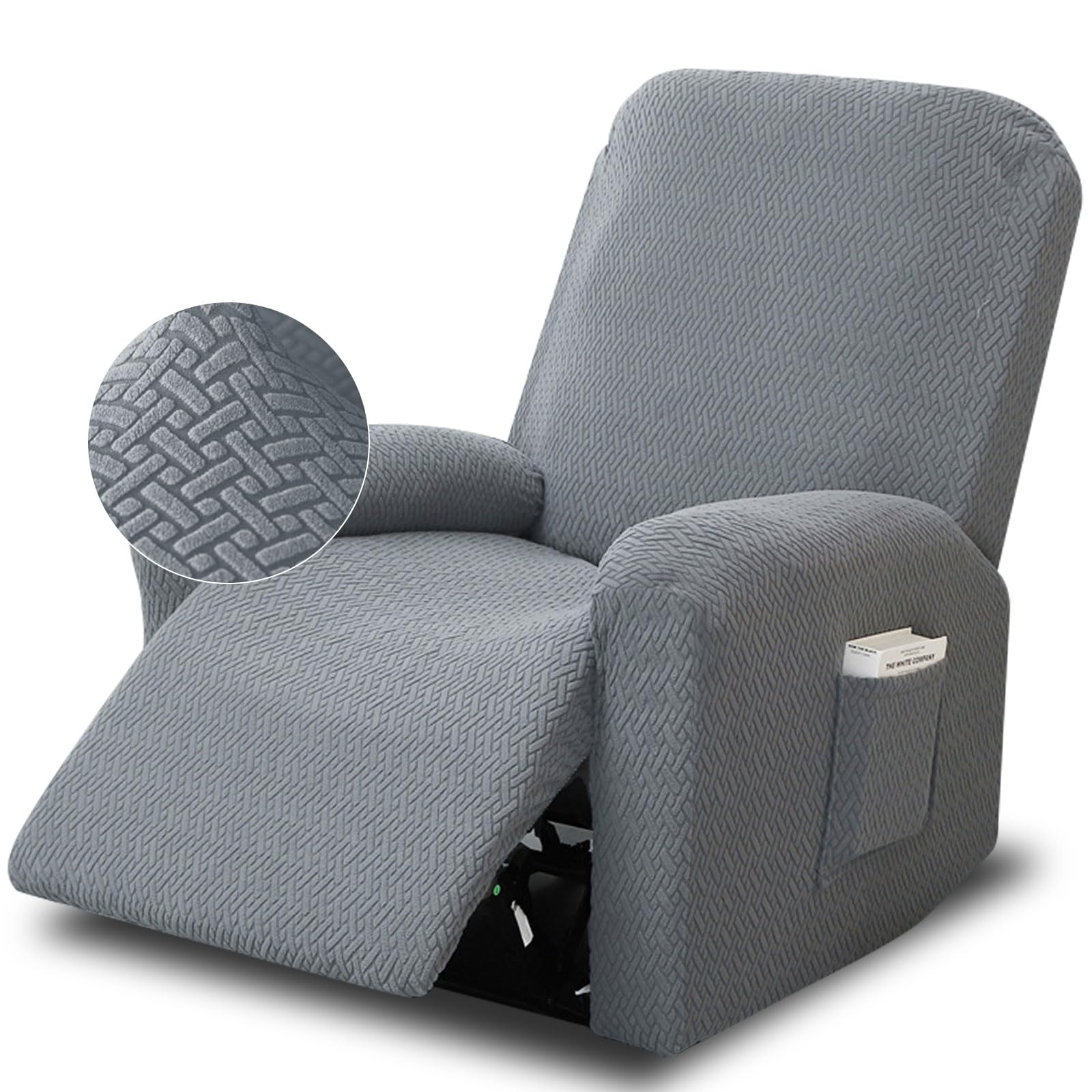 Fodera per Poltrona Relax, 4 pezzi All Inclusive Copridivano per Sedia a Sdraio con Tasche, Fodere per Poltrona Reclinabile Elasticizzato, Copridivano Elastico in Peluche(Grigio Chiaro)