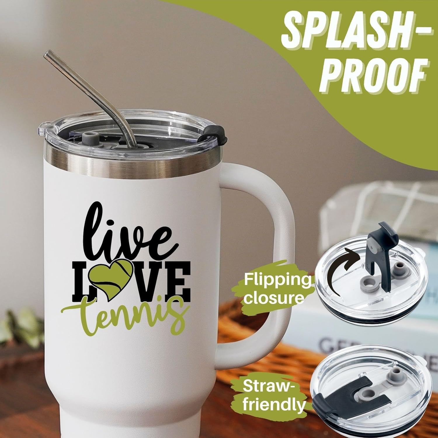 Onebttl Tennis Gifts for Women, Teen Girls, Coaches, Senior Night 2025, Insulated 40oz Stainless Steel Tumbler with Handle and Straw Lid - Live Love Tennis, White - Image 4