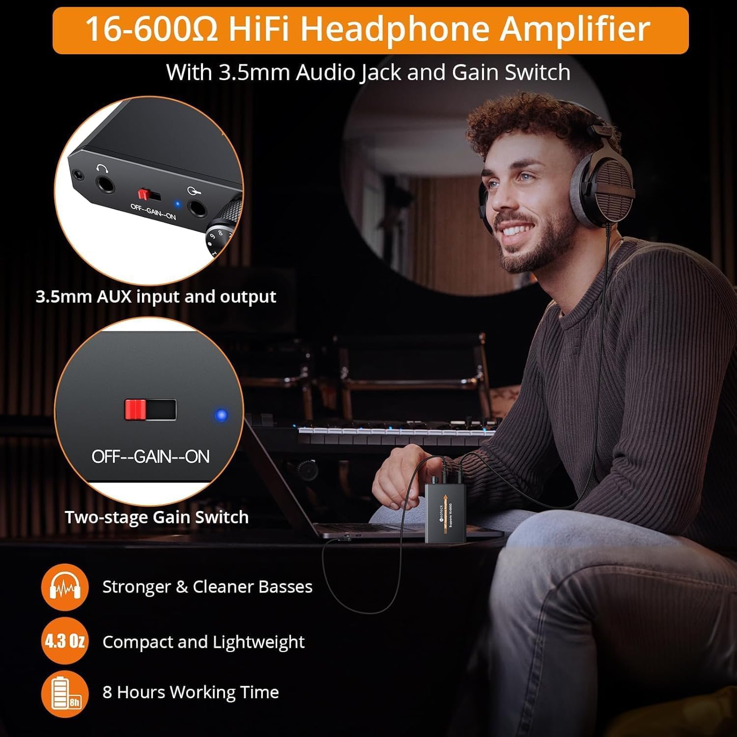 Neoteck 3,5 mm Kopfhörer Verstärker mit zweistufiger Verstärkungsschalter 16-600Ω Tragbarer HiFi-Headset-Verstärker, Aluminium-Matte Oberfläche
