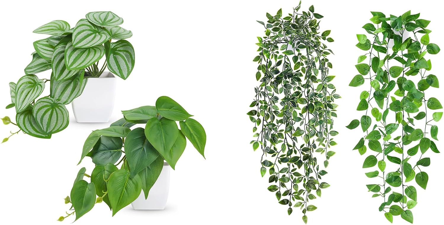 Der Rose Bundle of 2 Pack Small Fake Plants and 2 Pack Artificial Plants for Room Bathroom Wall Shelf Outdoor Decor