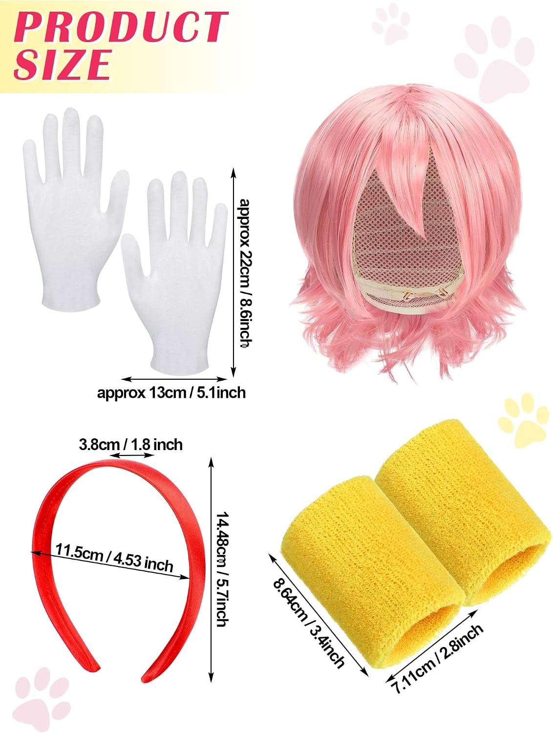 6 Pcs Halloween Cartoon Costume Accessories Vibrant Pink Haired Cosplay Set Pink Wig Red Headband, Plush Ears & Gloves Gold Wristband for Adults Halloween Cosplay Party