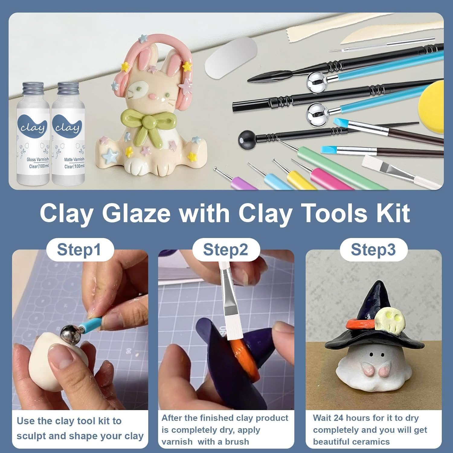 1DFAUL 30Pcs Air Dry Clay Varnish with Sculpting Tools Kit, 2 x 100ml Gloss Matte Clay Glaze for High Luster Scratch Resistant, Waterproof, Pottery Tool kit to Sculpting, Modeling, Shaping