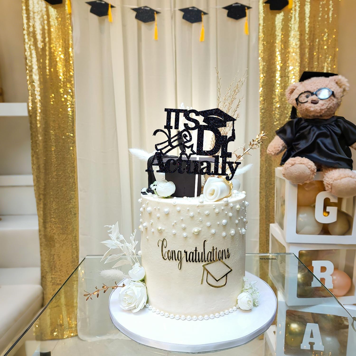 It's Dr Actually Cake Topper, Doctoral Degree Cake Decorations, Glittery Class of 2026 Doctorate Graduation Party Decorations, Black image 2