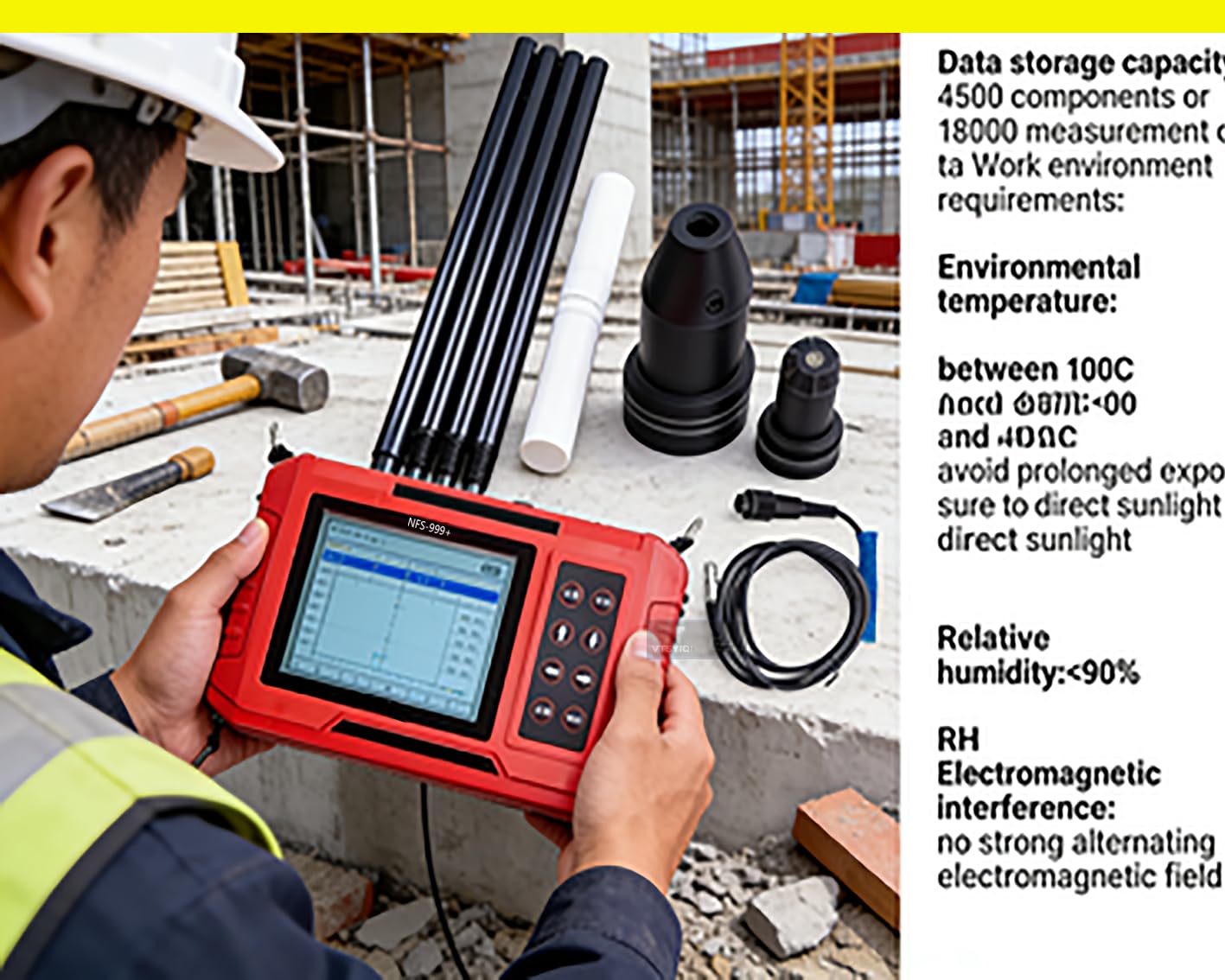 Concrete Slab Thickness Gauge Non-Destructive Floor Tester with Function Transmission Reception 0-1000mm Range 10-900mm ±1mm 1000mm ±2mm 18000 Measurement Data Storage