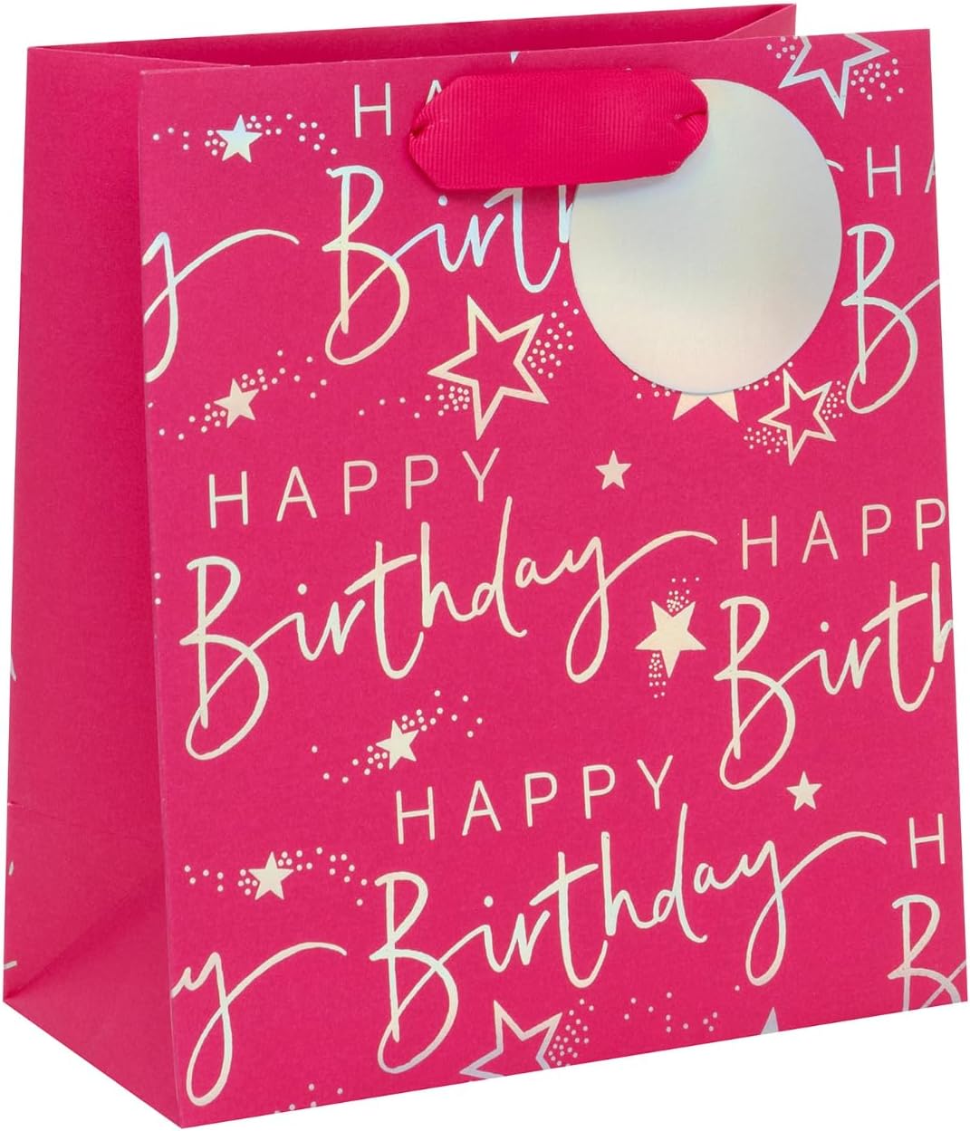 Medium Gift Bag, Pink Happy Birthday Script, 225 x 200 x 100 mm, Luxury Recyclable Bag for Birthdays & Celebrations