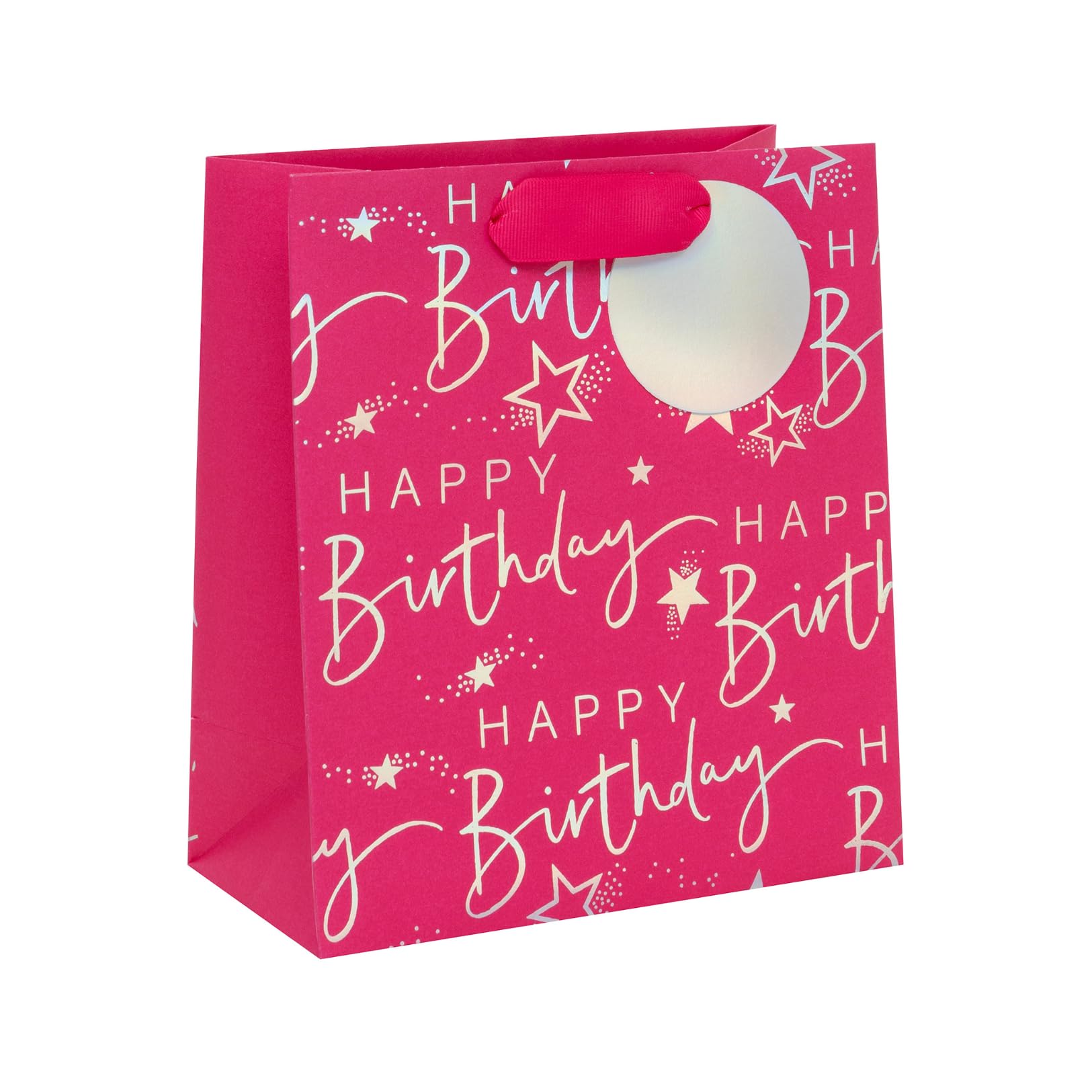 Glick Medium Gift Bag, Pink Happy Birthday Script, 225 x 200 x 100 mm, Luxury Recyclable Bag for Birthdays & Celebrations