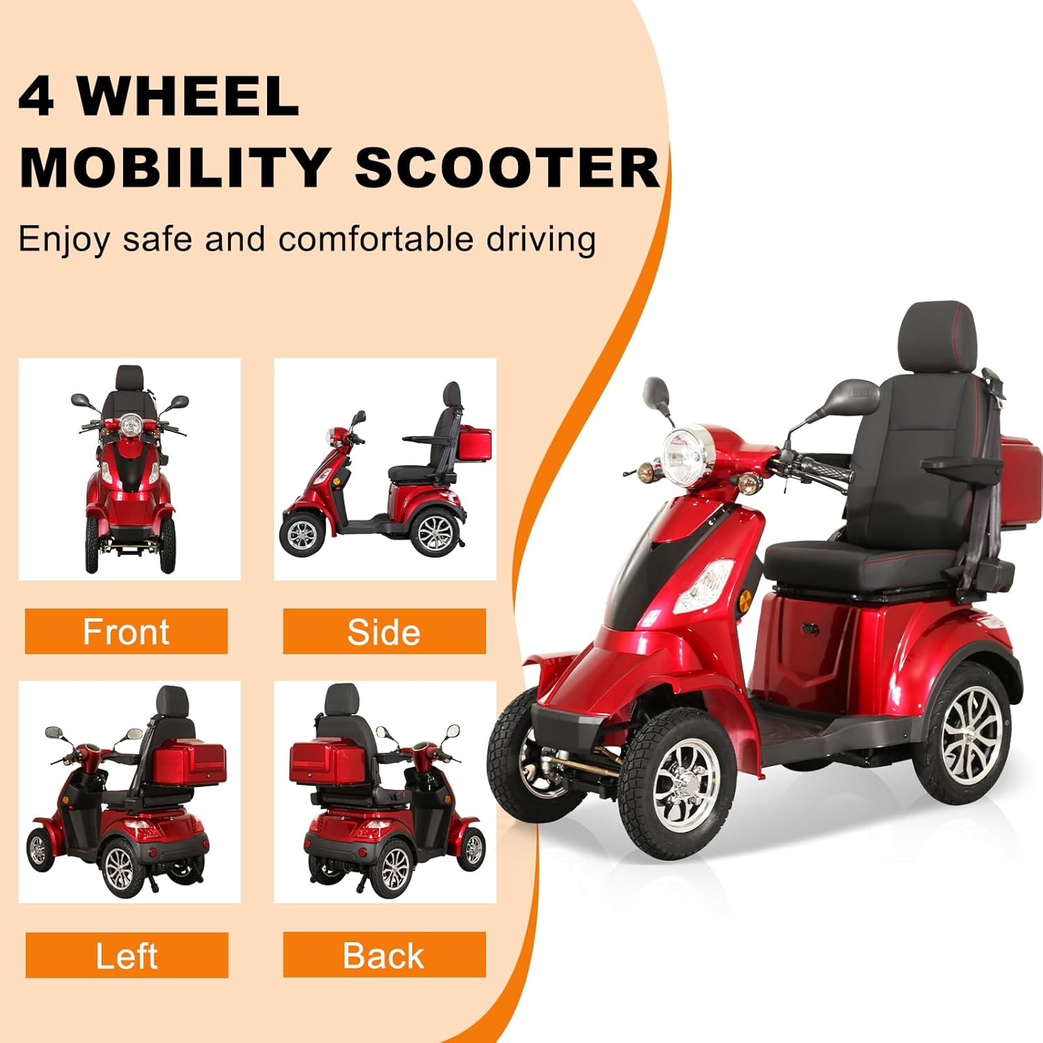 Four different views of the cabirty HS4W-A2R Mobility Scooter: front, side, left, and back.