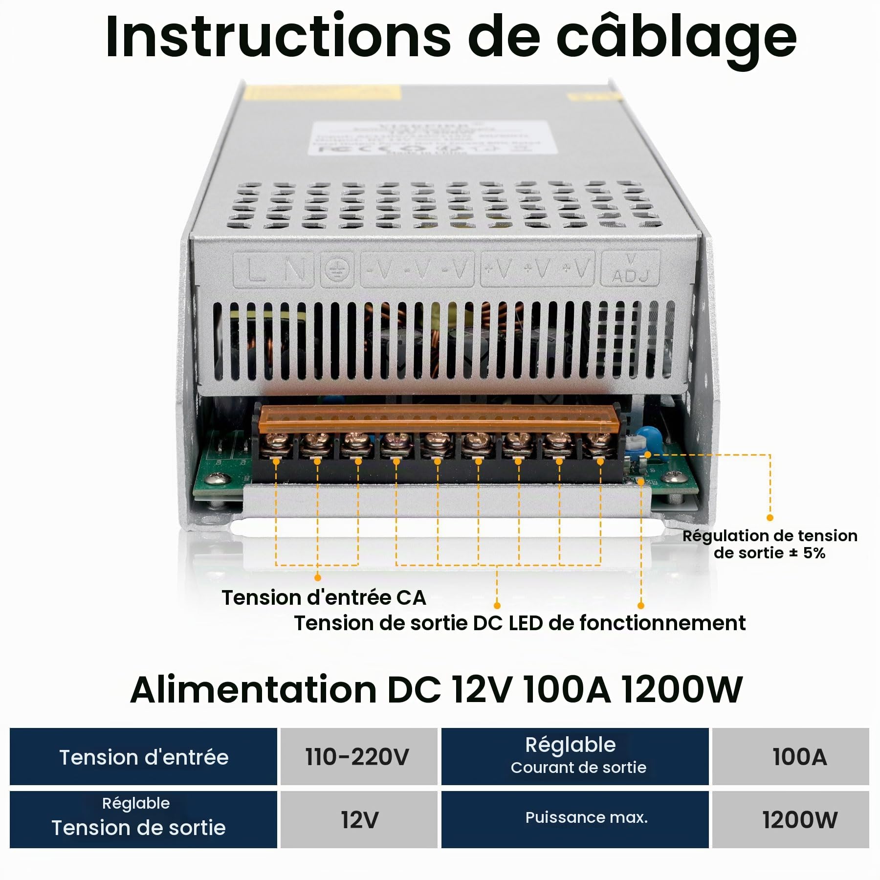 DC 12V 100A 1200W Alimentation Transformateur 220V CA à 12V CC Convertisseur 100A 1200W Alimentation pour 12V Moteur Pompe 3D Imprimeur CCTV Radio