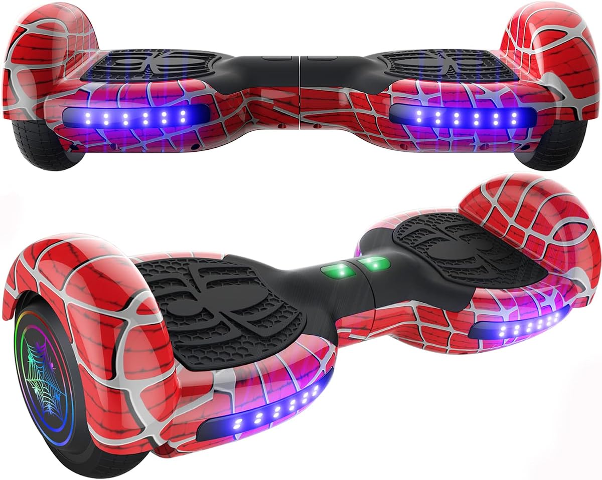 Spider-Pattern Hover Board, with Bluetooth Speaker & LED Lights | for Kids ages 6-12 and Adults, Non-Slip Footpads, UL2272 Safety Certified, (Red)