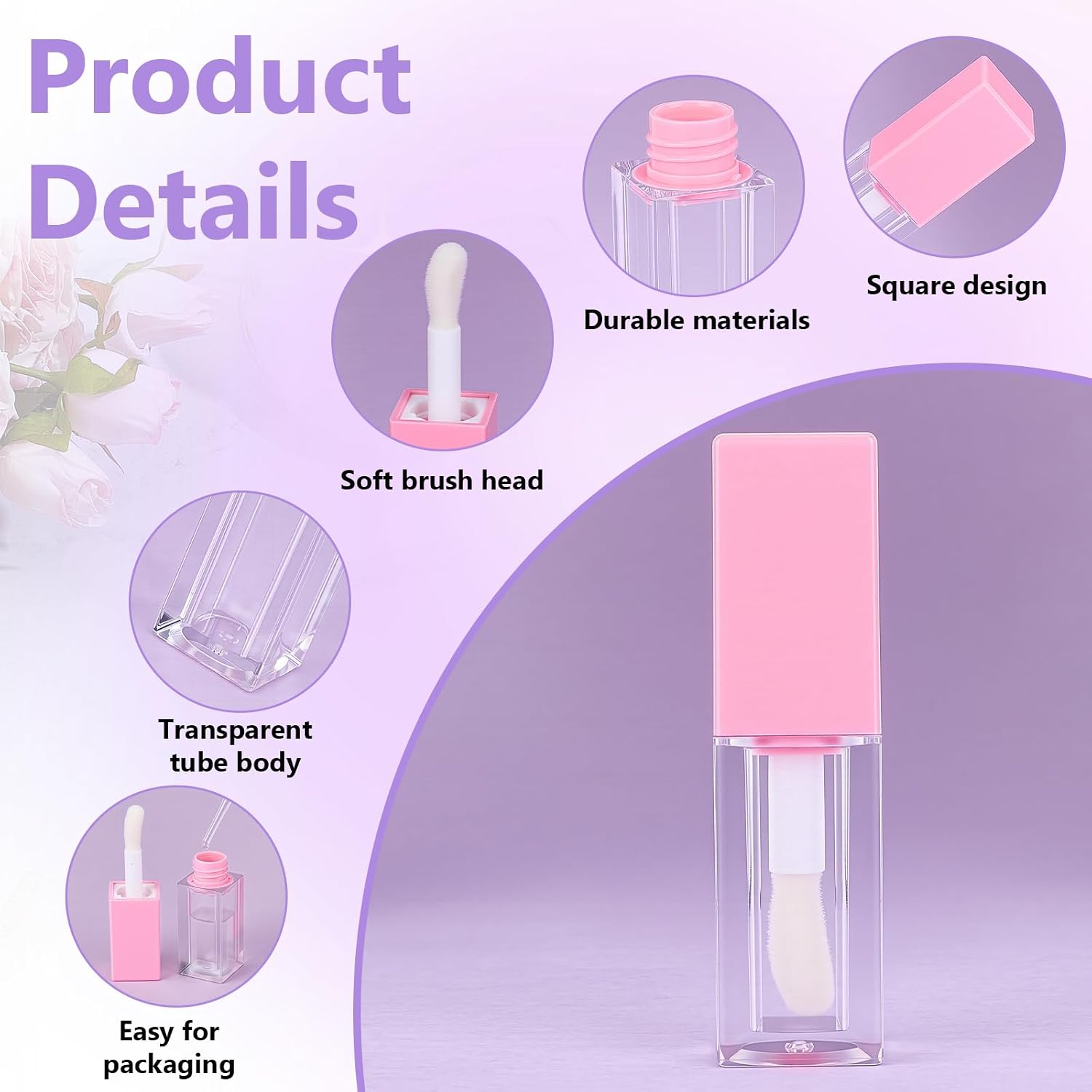 36 Pack Empty Square Pink Lip Gloss Tubes 5ml Refillable Clear Lip Gloss Containers with Wand Applicators & 4pcs Droppers DIY Cosmetic Bottles for Lip Oil Balm Travel Samples image 4