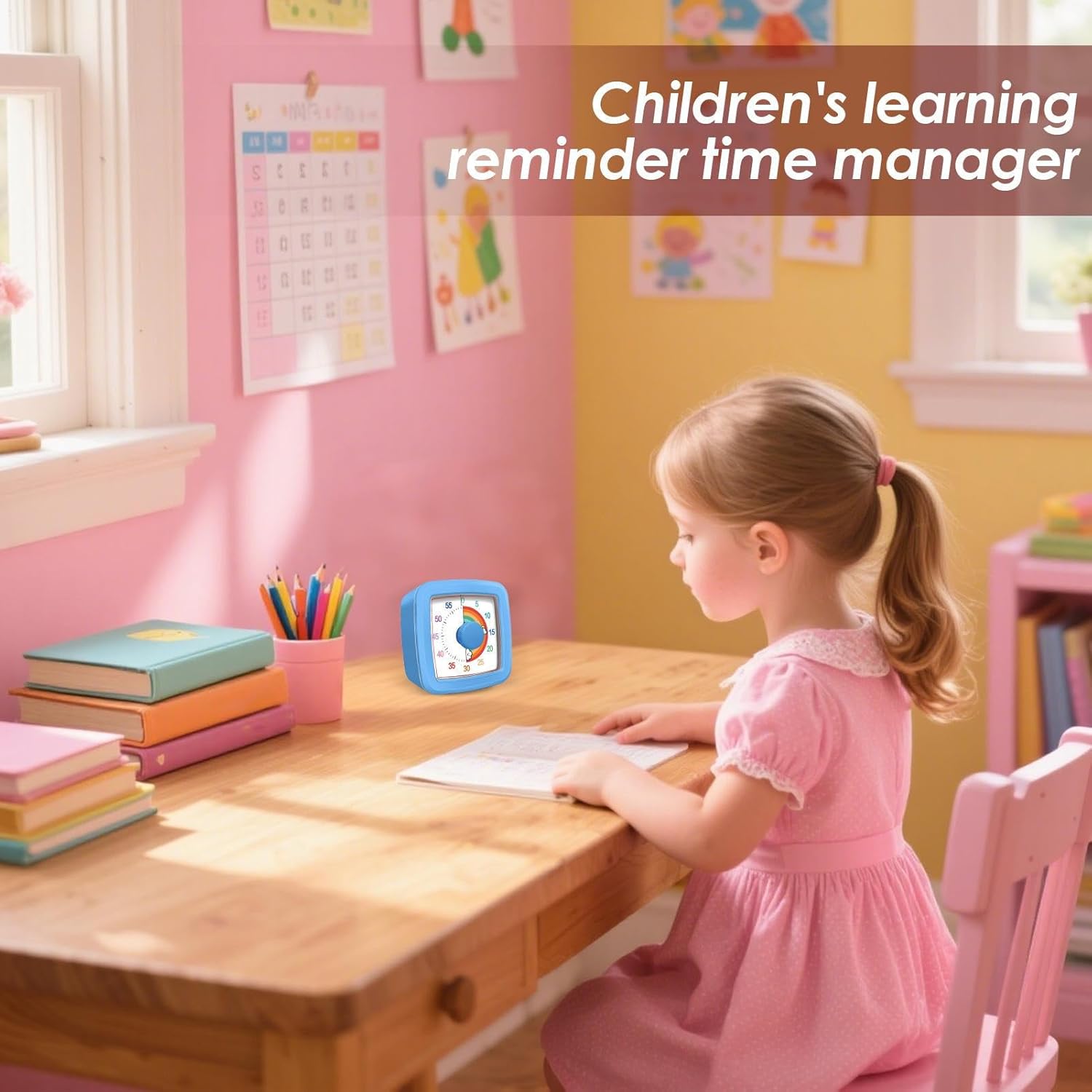 A young girl sitting at a desk, studying with the blue visual timer placed in front of her.
