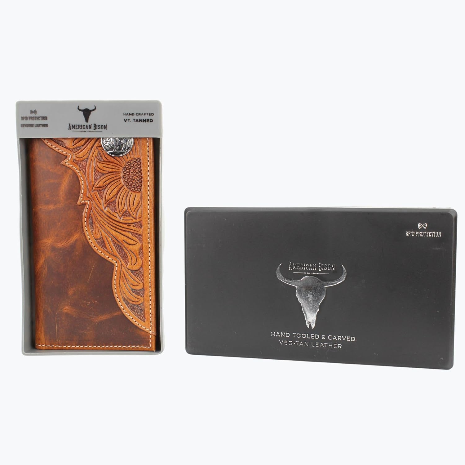 American Bison Tooled Side Rodeo Wallet with Conchos – Oil Pull Up – Durable, Stylish & RFID Protected (Buffalo Nikle, Tan)