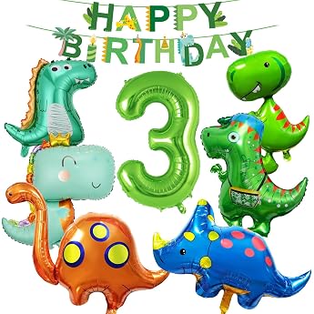 Pack of 12 3 Years Dinosaur Birthday Decoration Party Foil Balloon Dinosaur Decoration Childrens Birthday Dinosaur Balloons Green Jungle Birthday Decoration Boy Girl