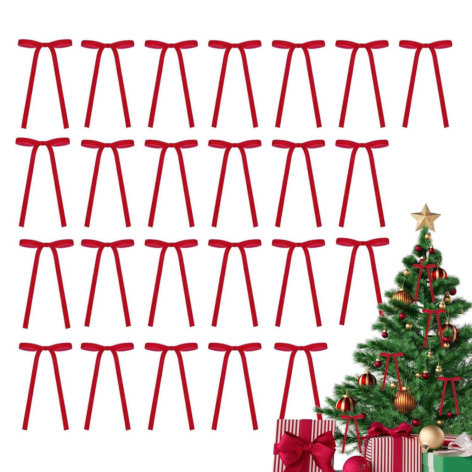 Yoaoser Red 24Pcs Velvet Christmas Tree Bows, Vintage Velvet Ribbon Bow Ornaments, Rustic Bows For Christmas Tree Garland Wreath Gift Party Decoration (Red)