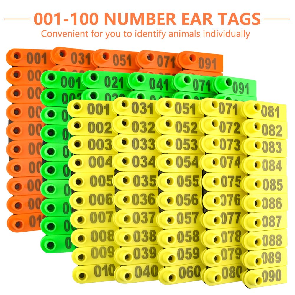 WGCD 300 pezzi di plastica bestiame Ear tag tag blu giallo arancio verde e 1 pz orecchio tag applicatore per capra Sheep Pig