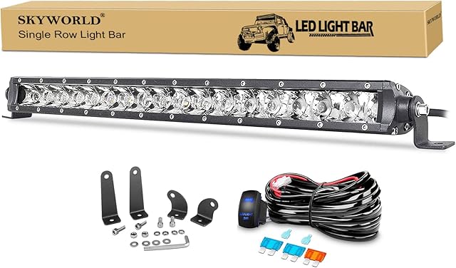 SKYWORLD 19 inch 90W Led Light Bar Single Row Spot Work Driving Lights Fog Lamps with 12V Rocker Switch Wiring for Offroad Truck Boat ATV SUV 4WD 4x4 Car Golf Cart