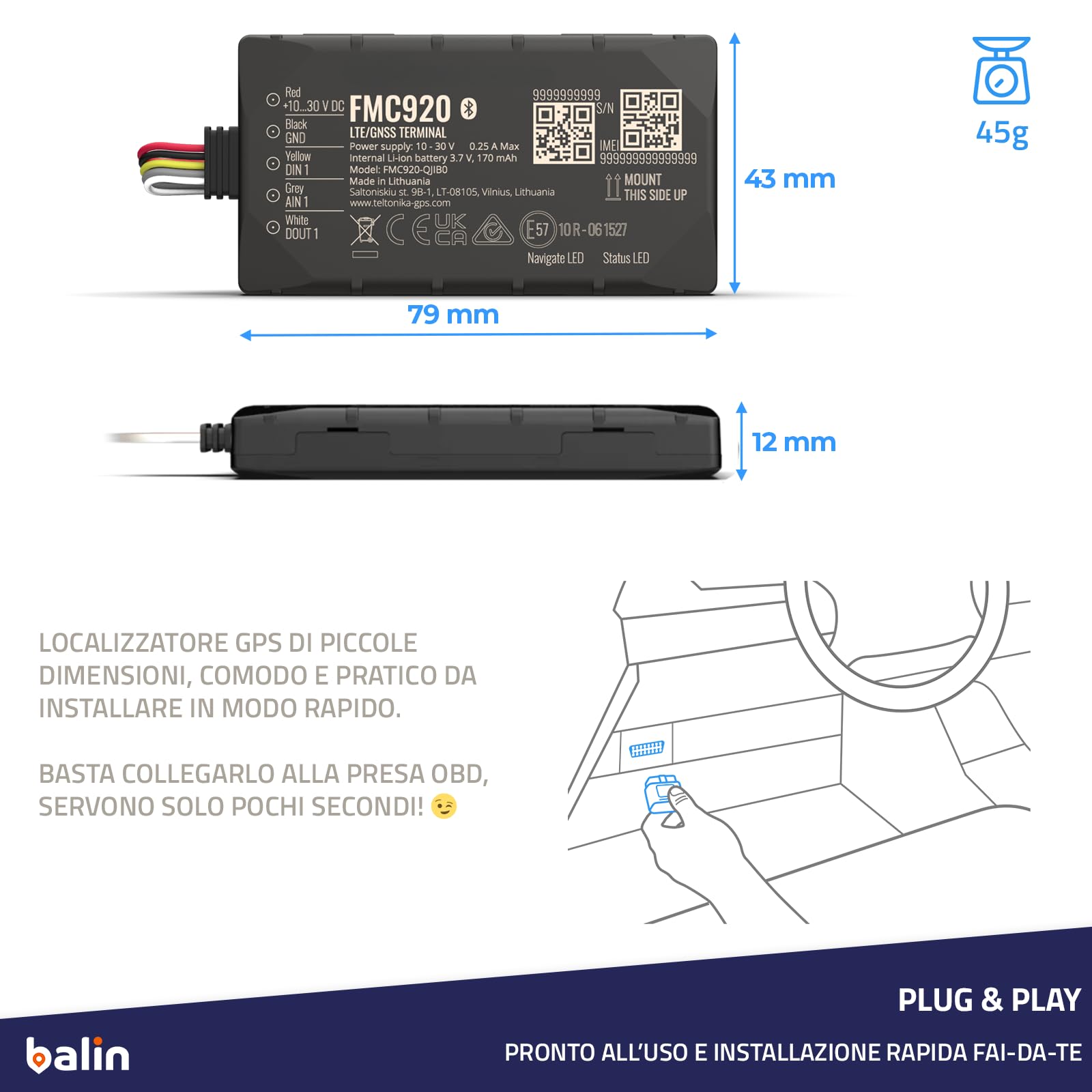 Balin.app - New Localizzatore GPS 4G professionale per veicoli, con SIM card e traffico dati, tutto incluso. Dispositivo già configurato e pronto all'uso. Controlla i veicoli da Portale Web e App.