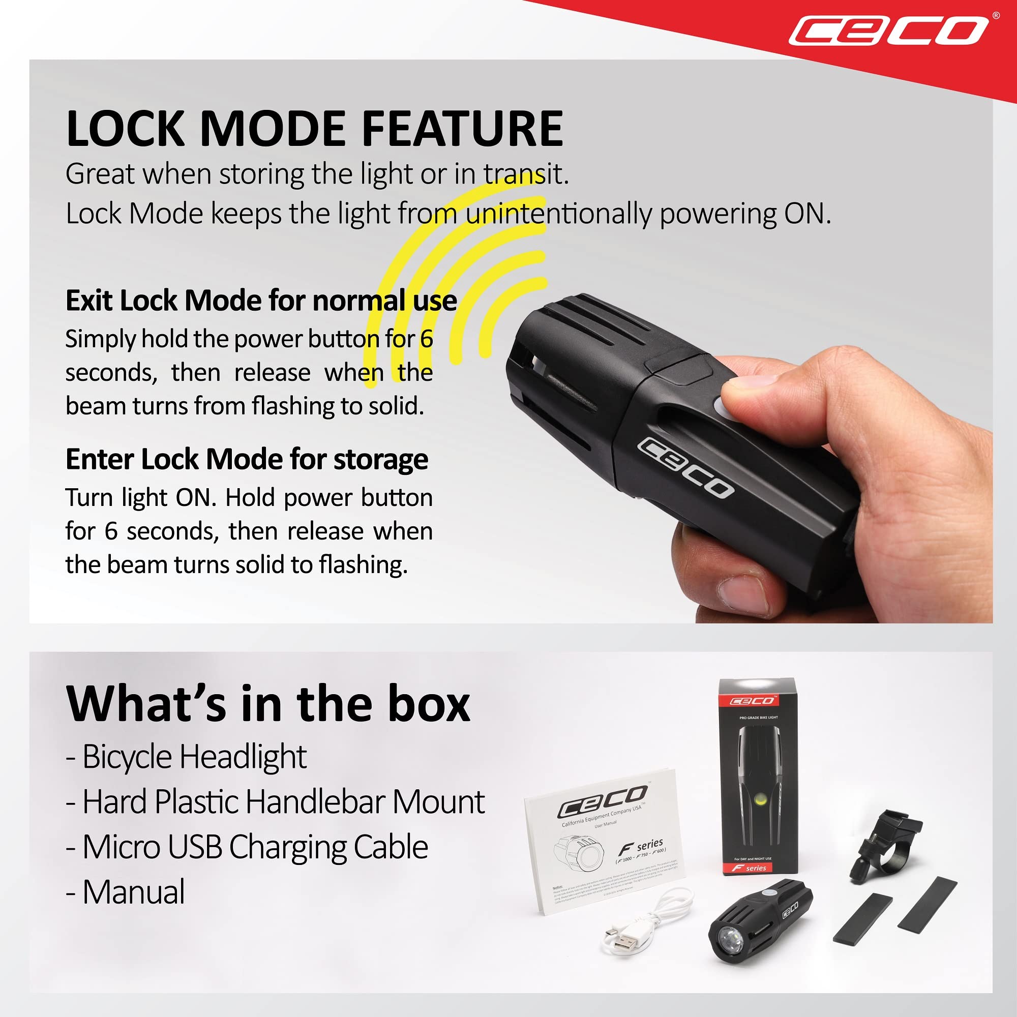 CECO -USA: 1.200 lumen USB ricaricabile luce bici – Resistente e durevole IP67 impermeabile e FL-1 resistente agli urti – Faro per bicicletta modello F1200 super luminoso – per pendolari, ciclisti su