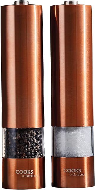 Cooks Professional Electric Automatic Salt & Pepper Mill Set with Adjustable Grinding, Easy to Refill, One Touch Button Condiment Grinder (Copper)