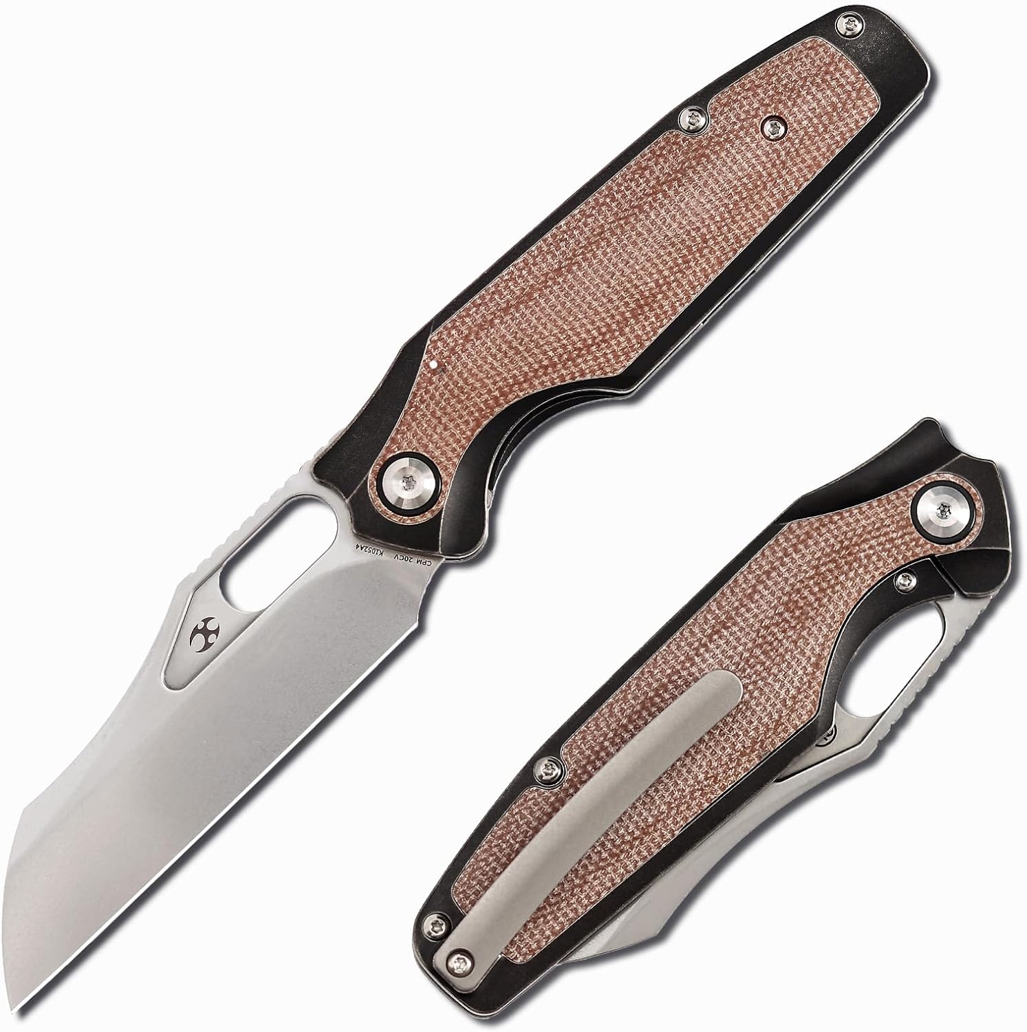 KANSEPT Tuckamore Camping Pocket Knives for Men 8.12in Folding Knives with 3.54in Stonewashed CPM 20CV Material and Black Stonewashed Titanium Brown Micarta Handle for Outdoor, Tactical, Survival K1052A4