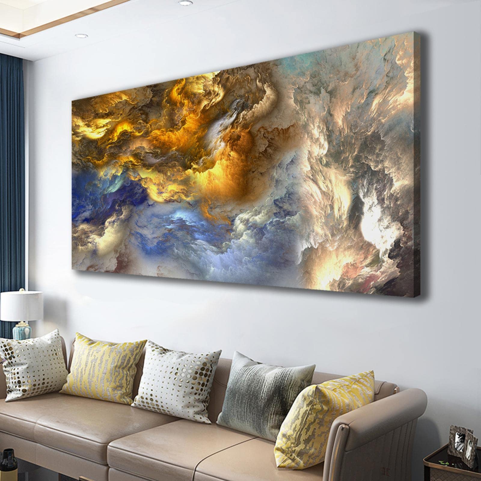 UIRINGART Abstract Landscape Canvas Painting Abstract Fluid Art Blue And Orange Gradient Clouds Modern Printing Wall Art For Living Room Decor 75x145cm Inner Frame
