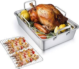 TeamFar Roasting Pan with Rack, 14 Inch Stainless Steel Turkey Roaster Lasagna Pan with V-Shaped Rack & Cooling Rack, Healthy & Sturdy, Brushed Surface & Dishwasher Safe, Rectangular - Set of 3