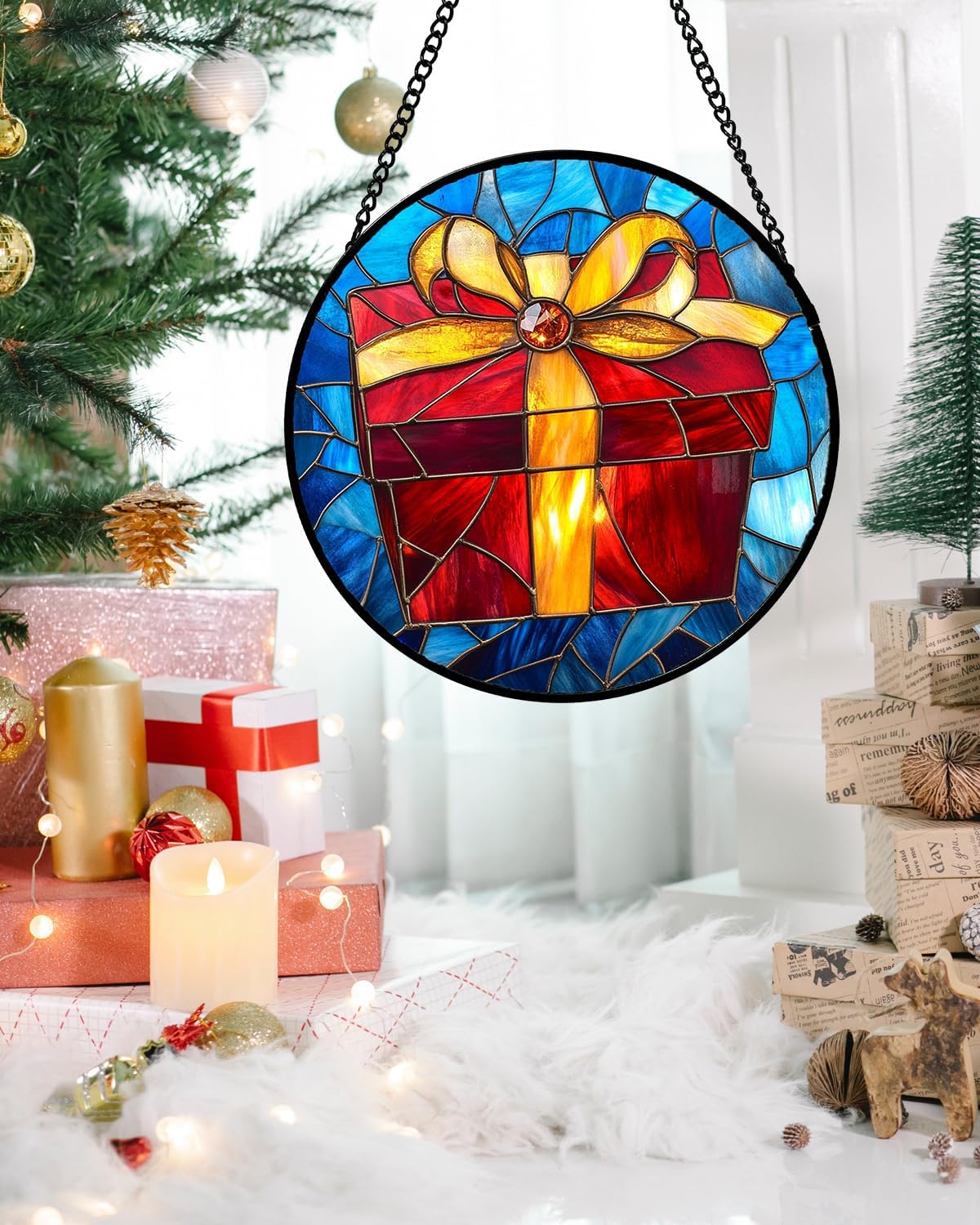 Stained Glass Window Hanging - Gold Red Gift Box Suncatcher for Doors Home Christmas Decoration Sun Catcher Thanksgiving New Year Birthday Gifts for Friend Women Men Mom Nana 9.8 in