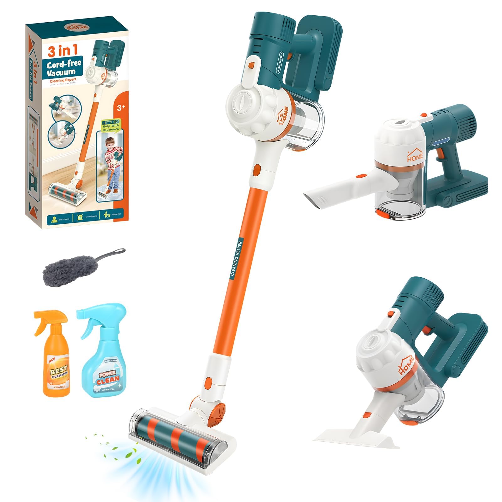 3-in-1 Kinderstaubsauger, Spielzeug Staubsauger mit Echter Saugleistung, für Kinder ab 3 Jahren Jungen und Mädchen, Haushaltsspielzeug für Realistisches Spielen