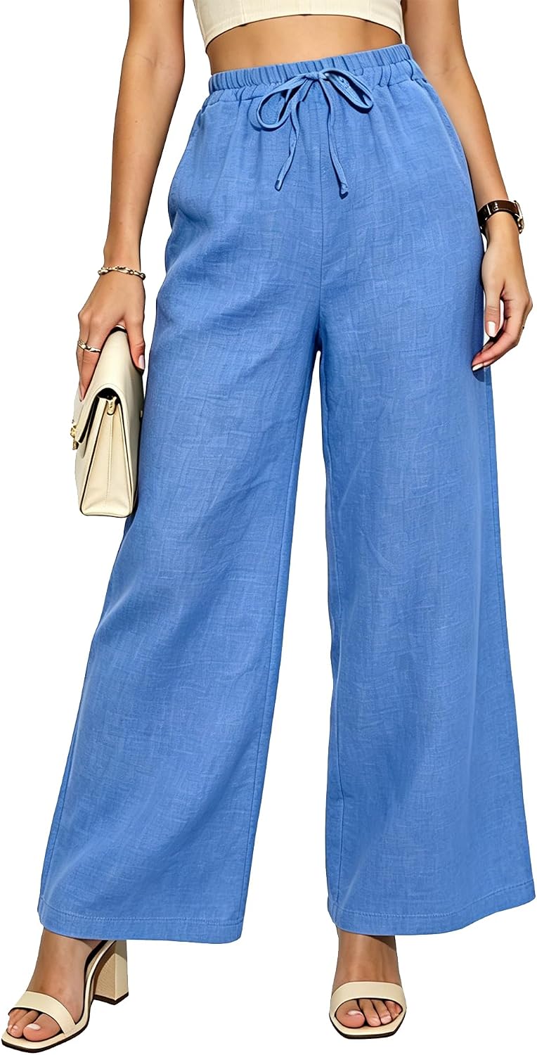 Women Wide Leg Casual Pants Flowy Palazzo Pants with Pockets Elastic High Waist Lounge Pants