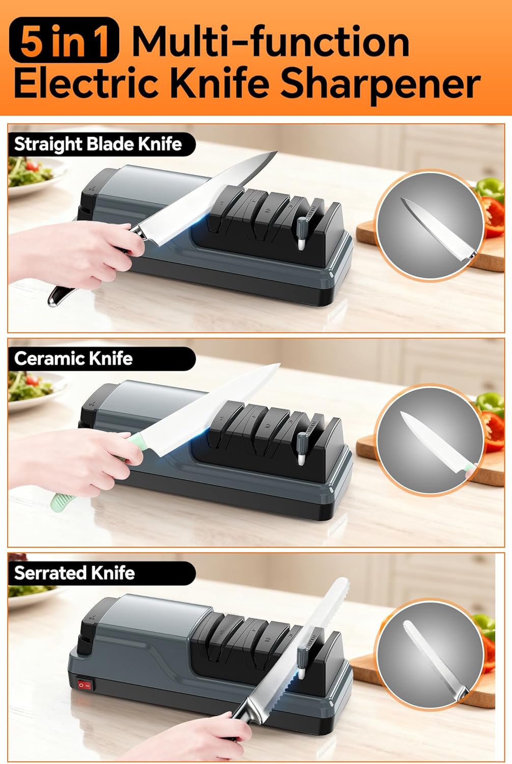 5 in 1 Electric Knife Sharpener Multifunction, Professional Knife Sharpener Electric for Sharpening and Polishing, Quick Restore Kitchen Knives and Scissors, Grey