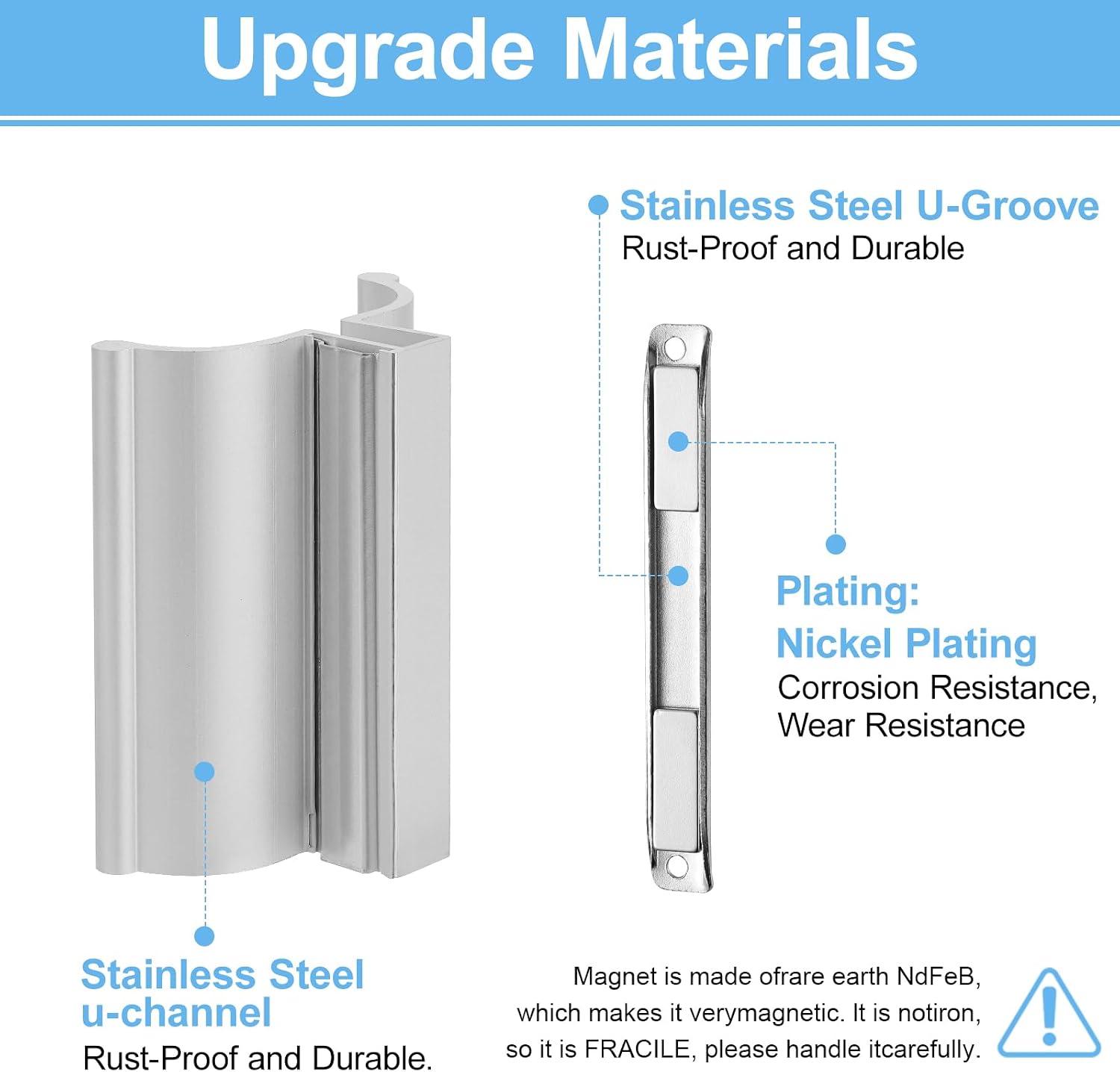 VYH 3" Aluminum Frameless Shower Door Handle with Metal Strike, Stainless Steel U-Channel with Magnet for Swing Glass Door Thickness 1/8",5/32",3/16", and 1/4", Shower Door Replacement