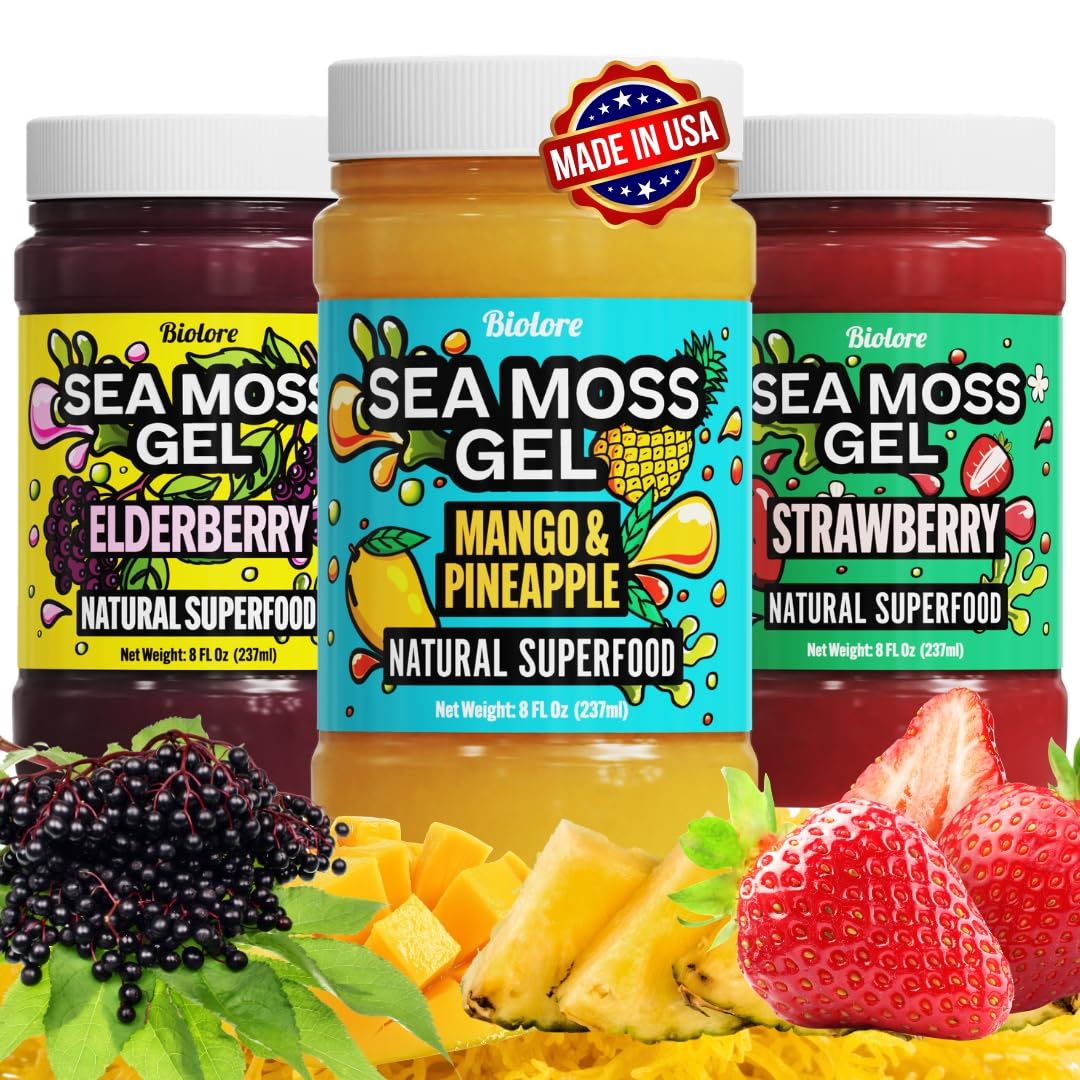 Biolore Sea Moss Gel Made in USA Raw Wildcrafted Irish Seamoss Essential (Mango Pineapple, Elderberry, Strawberry)