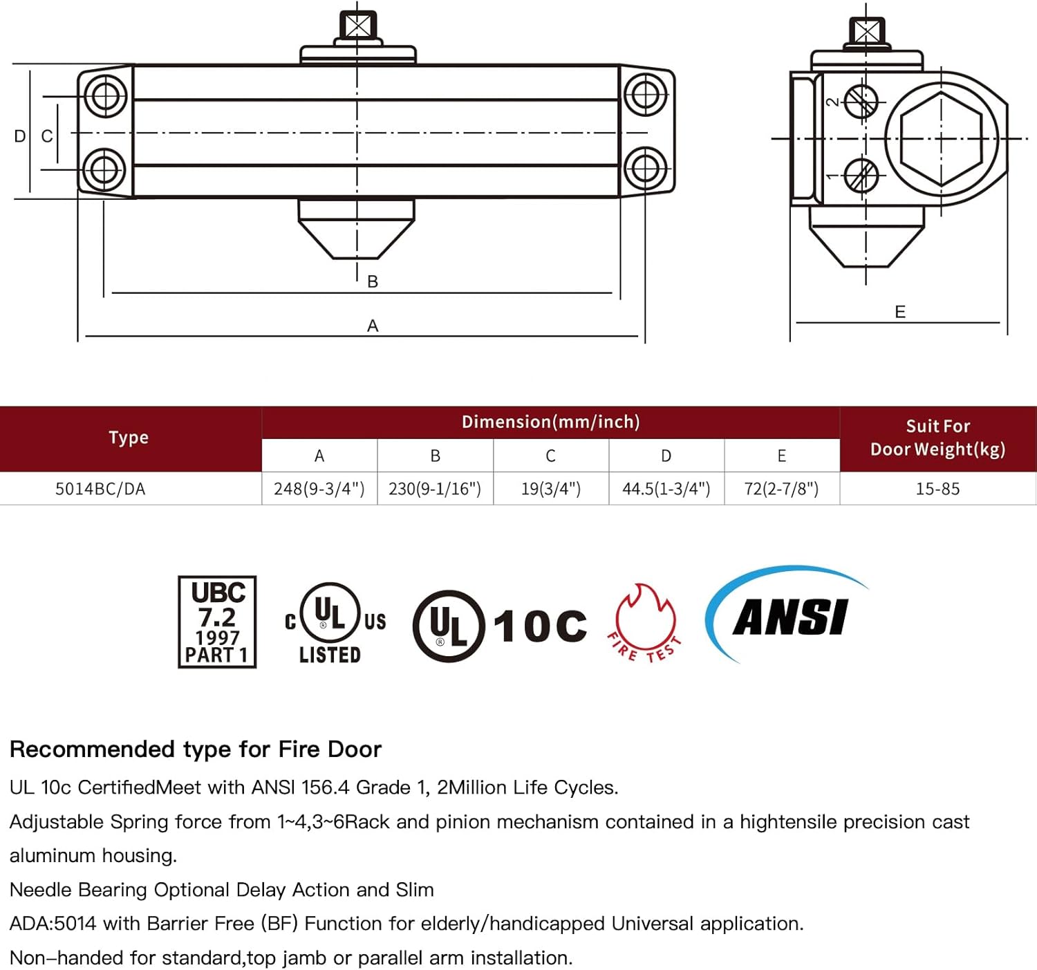 Commercial Door Closer, ADA Compliant, Grade 1, Surface-Mounted, UL 3-Hour Fire Rated, Adjustable Size 1-6, for Entrances & Storefronts (5014BC/DA)
