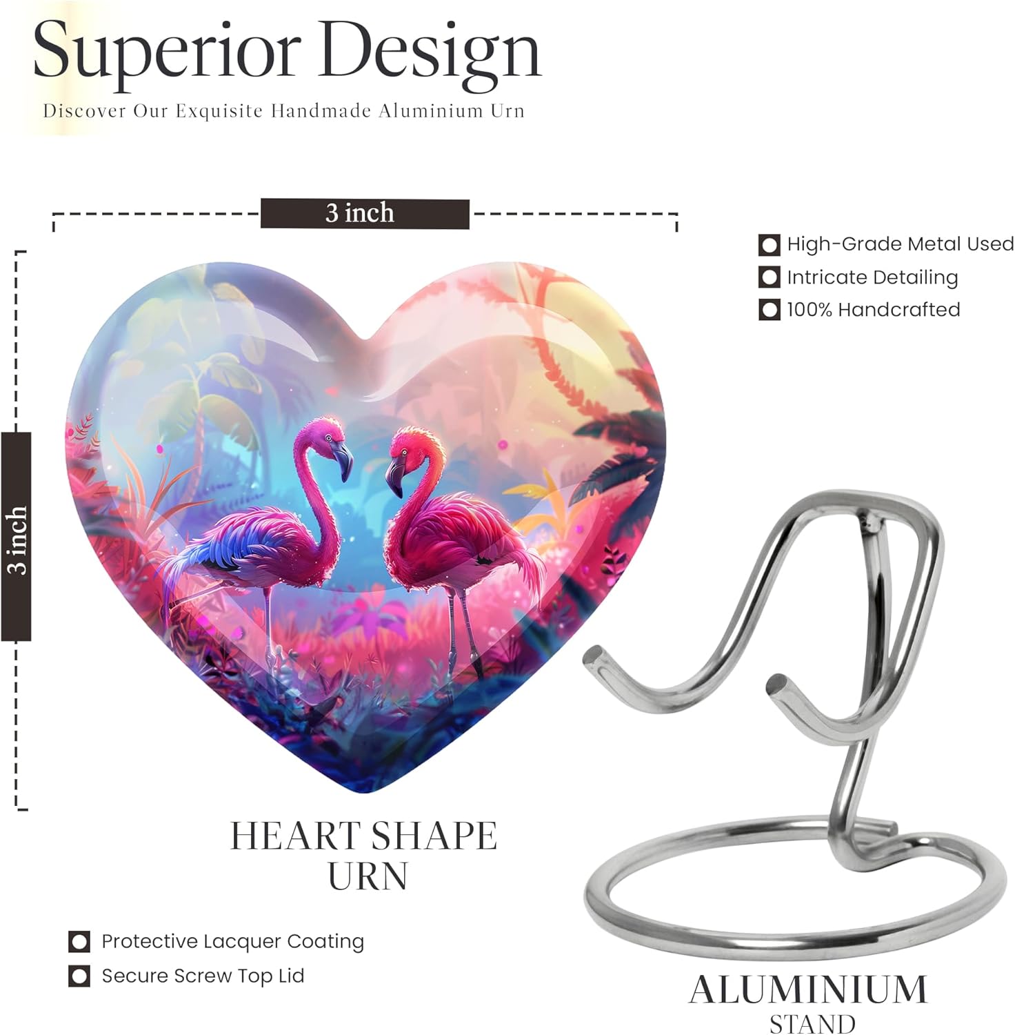 Mystical Flamingo Twilight Bird Unique Heart - Eternal Memories Keepsake - Urn for Cremation Ashes of Adult Women - Funeral Memorial Urns for Human Ashes Female 3 Inch, 1 Pc, Natural