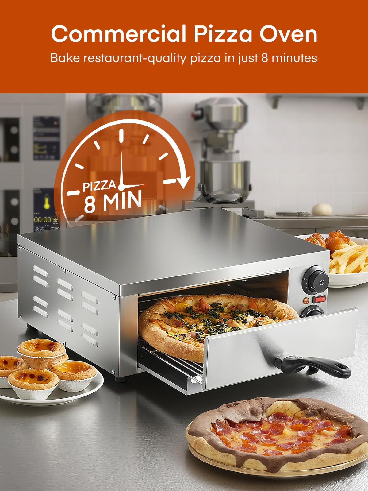 Professional Pizzaofen 2000W, 12 Zoll Kommerzieller Pizzabackofen Elektrisch Edelstahl mit 15-Minuten-Timer 350℃ für Pizza, Brot und Backwaren