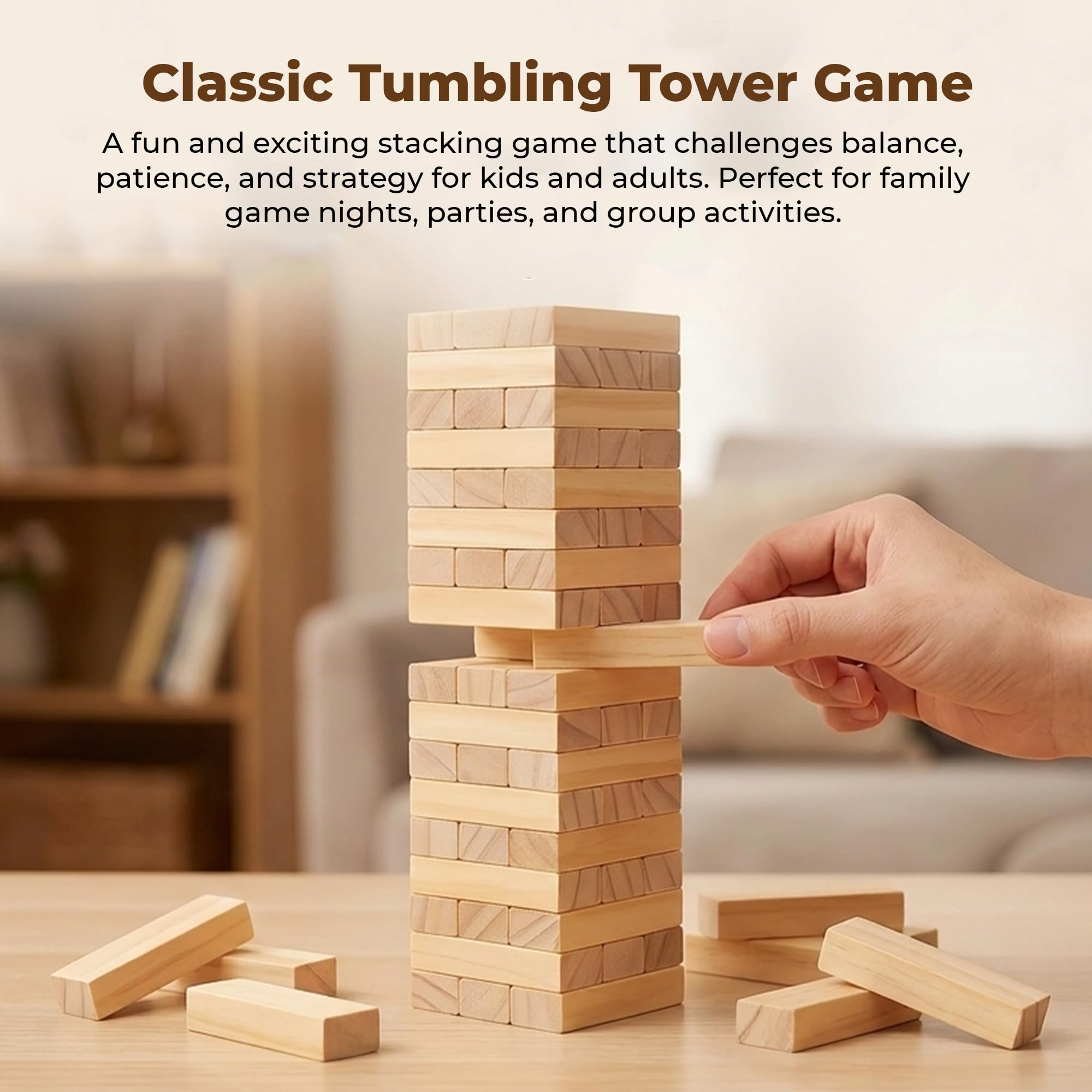 WUDLY® Wooden Tumbling Tower Game 54 Pcs | Classic Block Stacking Game for Kids & Adults | Educational Indoor Party & Family Fun Game | Handcrafted Wooden Toy (Classic) 1