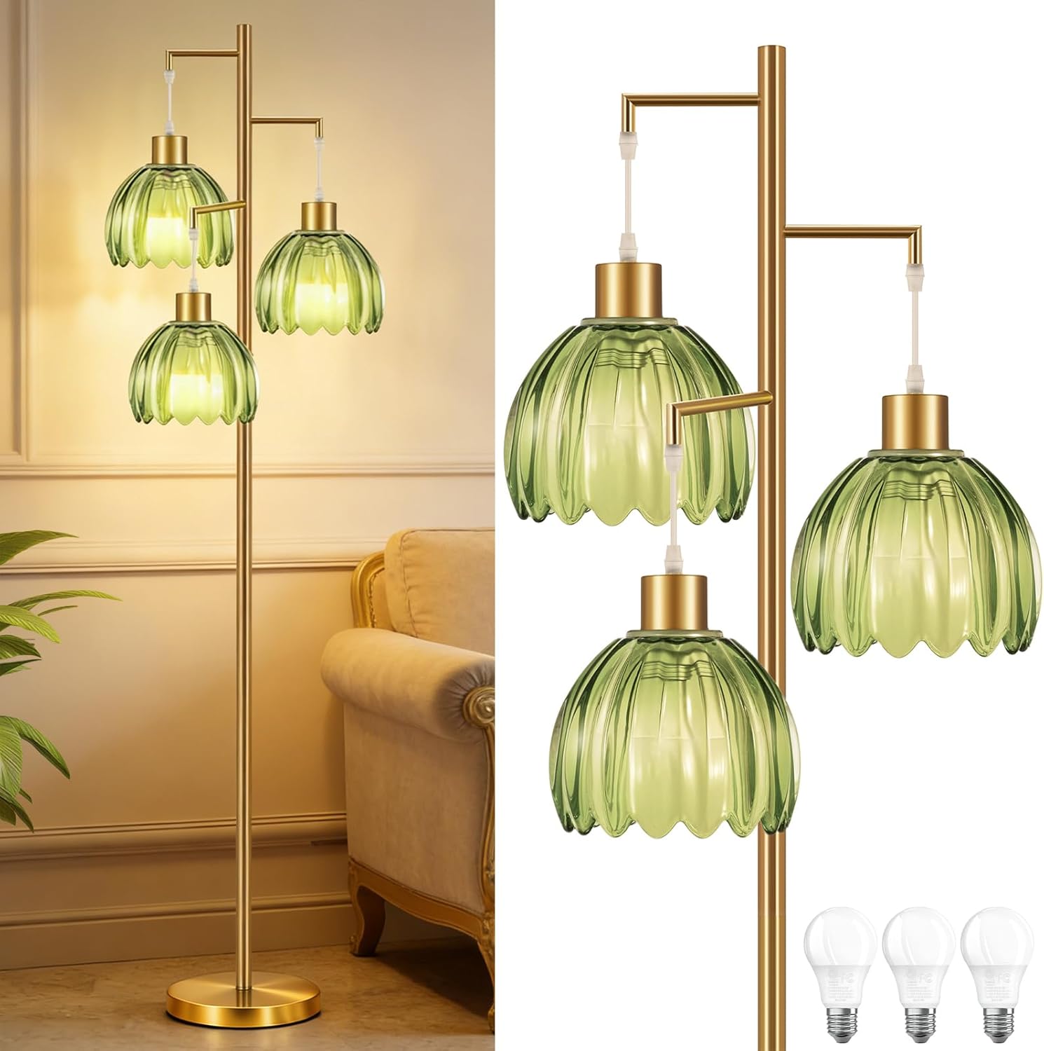 Gold Floor Lamp for Living Room,Bedroom, 3 Light Standing Lamp Mid Century Modern Brass Tree Green Glass Flower Lamp Shade Tall Floor Lamps Vintage Retro Floor Lights Farmhouse Boho Bohemian