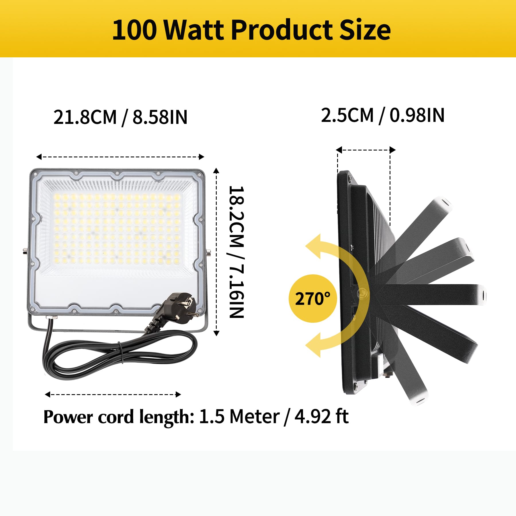 Foco LED Exterior 100W, IP66 Impermeable,10000LM,6500K Luz Blanca Fría,Con enchufe UE para Jardín, Patios, Parking, Hotel, Naves Etc