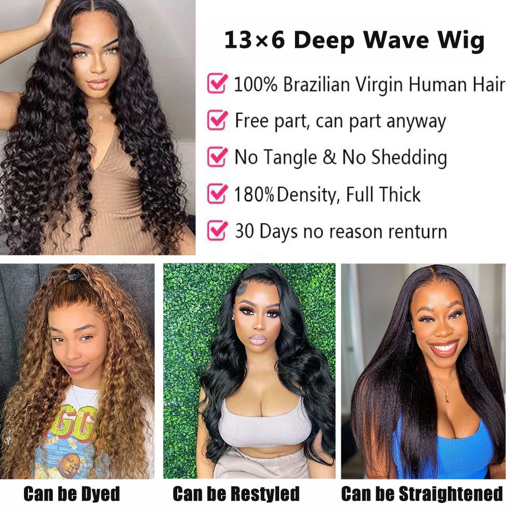 13x6 Deep Wave Lace Front Wigs Human Hair Lace Frontal Wigs Human Hair for Black Women Glueless Curly Wig Pre Plucked 180% Density 32 Inch