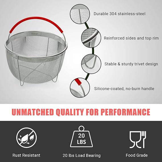 Original Salbree Steamer Basket for 3 qt quart Instant Pot Accessories, Stainless Steel Strainer and Insert fits IP Insta Pots, Instapot, Other Pressure Cookers, with Silicone Handle [6qt 8qt avail]