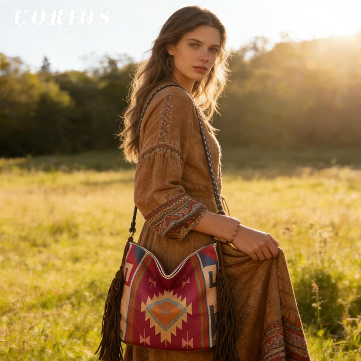 CORIOS Fringe Handbag for Women Boho Shoulder Crossbody Bag Bohemian Top Handle Bag with Tassels Messenger Satchel Bag
