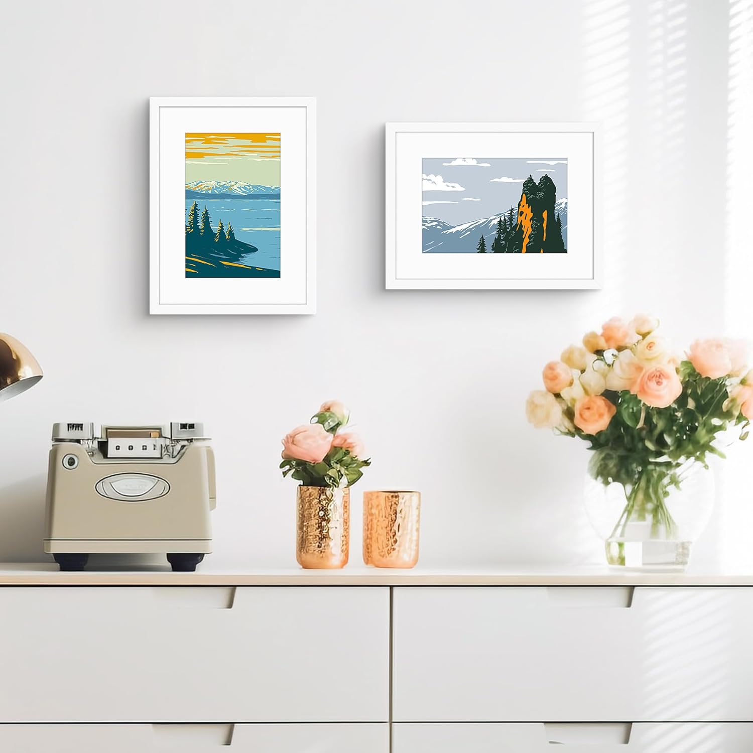 Golden State Art, 12x16 Picture Frame - Solid Wood with Real Glass - Display Pictures 8x12 with Mat or 12x16 Without Mat - Photo Frame for Wall Mounting (White, 2 Pack)