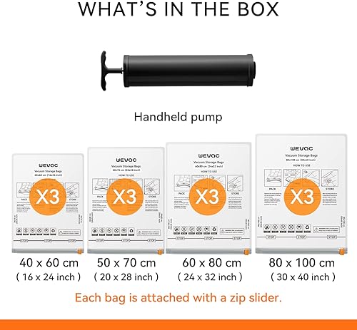 Miniatura 2 de Wevac Bolsa combinada de almacenamiento al vacío (3 jumbo, 3 grandes, 3 medianas, 3 pequeñas)  Ahorro de espacio con bomba de mano  Sello de doble