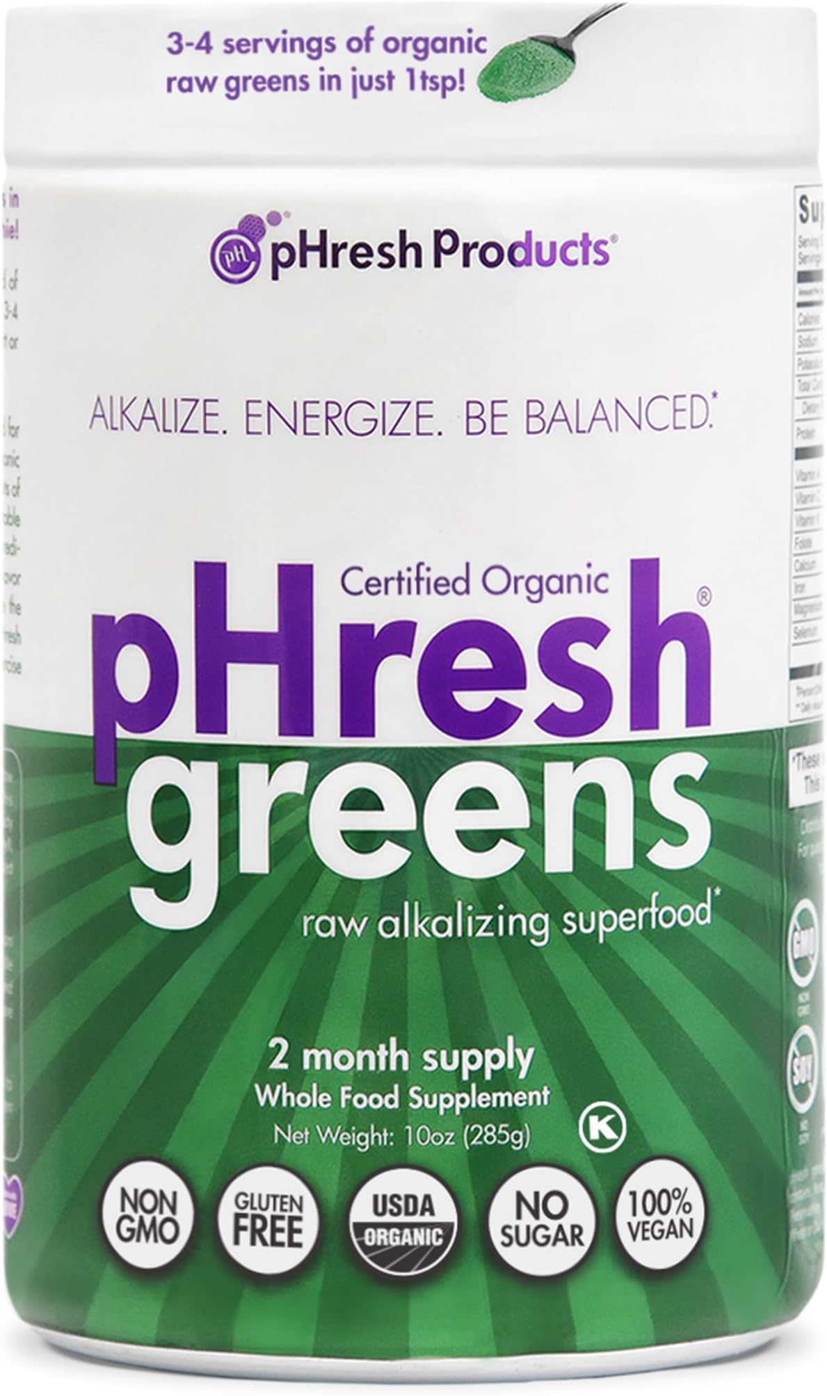 pHresh - Greens Raw Alkalizing Superfood Greens Powder - 2 Month Supply - Vegan, Kosher, Gluten Free - Natural Enzymes, Nutrients - Approved for Intermittent Fasting - 10 oz