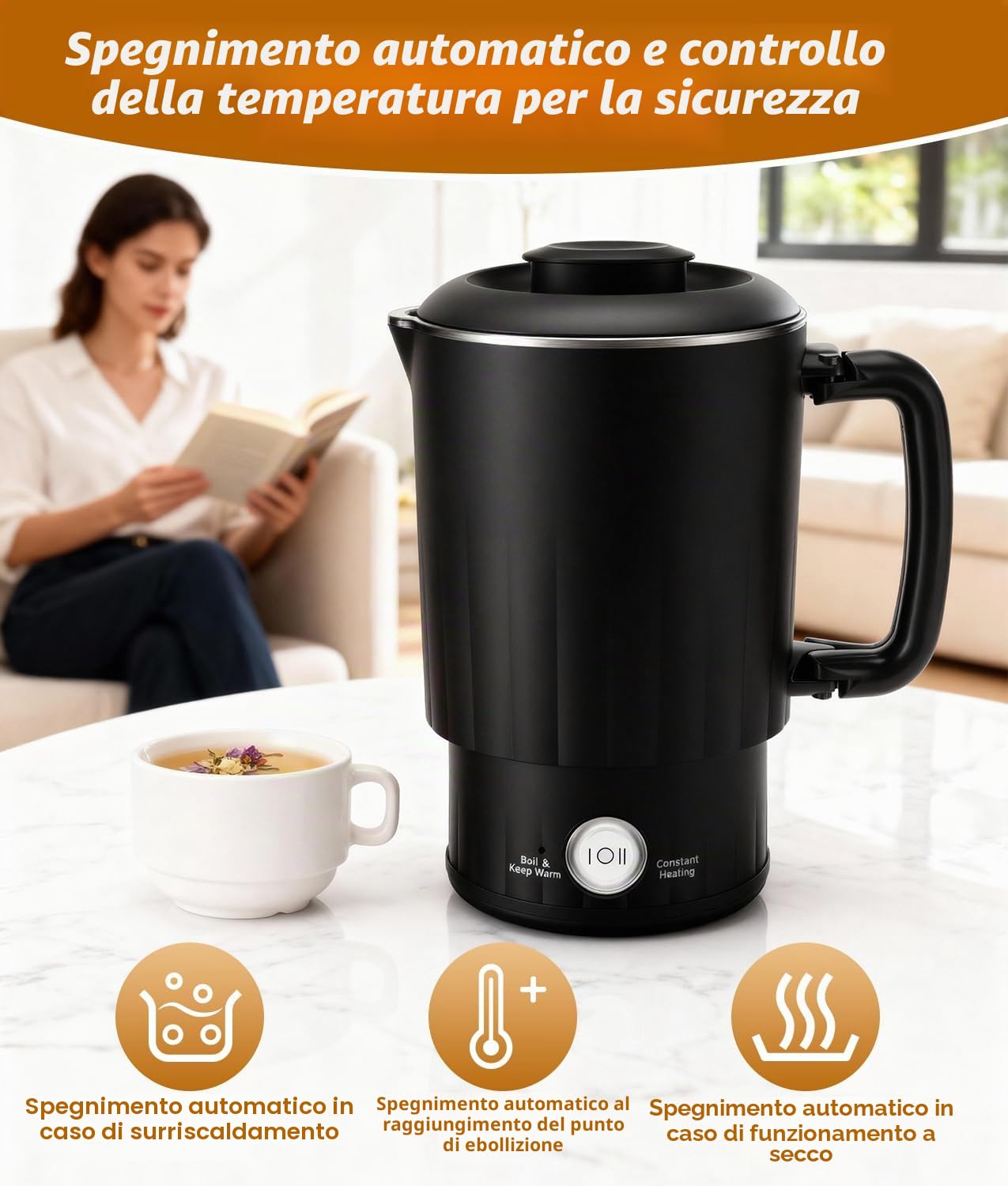 PAHTTO Bollitore elettrico in acciaio inossidabile, 800 ml Bollitore elettrico con una tazza, senza BPA, riscaldamento in 5 minuti, perfetto per la famiglia, i viaggi, l'hotel, il campeggio (nero)