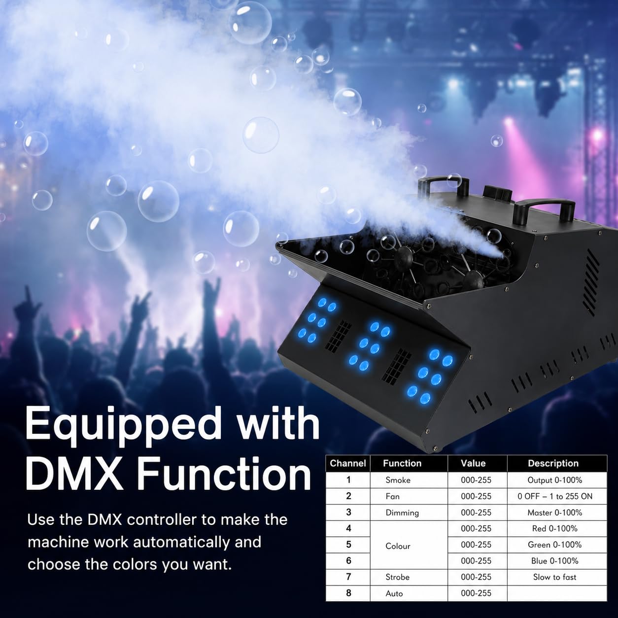 Nebelrauchmaschine mit RGB-LED-Lichtern, Bubble Fans für Bühneneffekte, Partys, Hochzeiten, Halloween - Bühnennebel mit 18 LED-Lichtern und 2 Seifenblasenventilatoren